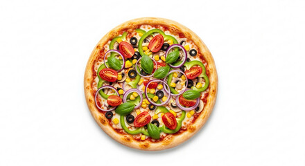 A colorful vegetarian pizza topped with bell peppers, red onions, cherry tomatoes, black olives, corn, mushrooms, and fresh basil on a white background.