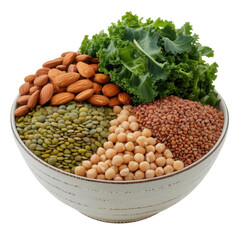 A healthy bowl filled with nutritious ingredients like almonds pumpkin seeds chickpeas quinoa and fresh kale leaves isolated on transparent background