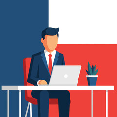 Dedicated professional businessman in a modern flat vector illustration, diligently working on his laptop at a desk, against a prominent Texas state flag background