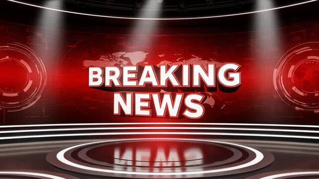 A Breaking News background as a seamless loop for a news broadcast. A red virtual set with a global map and 3D text, perfect for a TV studio intro. For reporting on urgent current events.