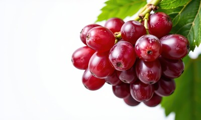 Fototapeta premium Juicy ripe red grape with fresh green leaves isolated on white background, isolated, organic