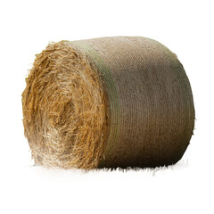 A single round bale of dried grass and straw material for animal feed isolated on transparent background