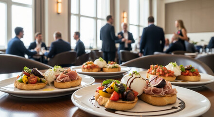 Elegant gourmet bruschetta appetizers served on white plates in upscale restaurant with business people dining in blurred background.