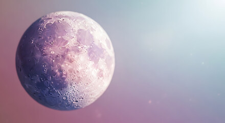 A digitally enhanced image of the moon with pink and purple hues against a soft, gradient background.