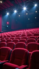 Fototapeta premium Red theater seats illuminated by stage lights, empty rows, dramatic lighting, color, auditorium