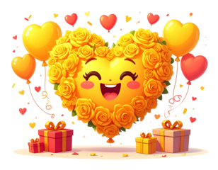Cartoon Yellow Rose Heart with Valentine’s Day Elements Isolated on White