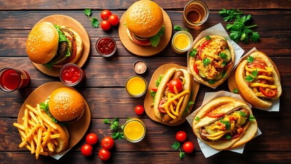 Delicious assortment of gourmet burgers hot dogs and french fries on a rustic wooden table