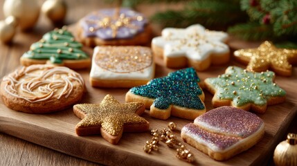 Festive holiday cookies. Christmas cookies decorated with edible glitter and shimmer effects. Christmas Cookie Decorating, concept of holiday treats.