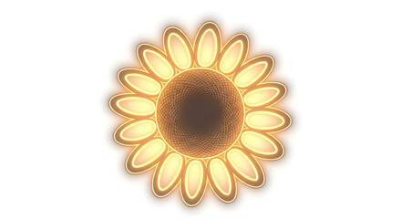 Fototapeta premium A stylized, glowing sunflower with oval petals radiating from a dark brown center, set against a white background.