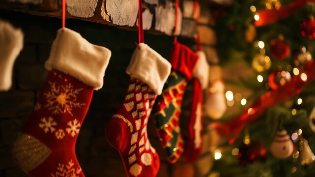 Christmas greeting card with bright winter holiday socks and New Year background