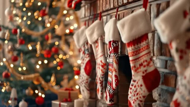 Christmas greeting card with bright winter holiday socks and New Year background