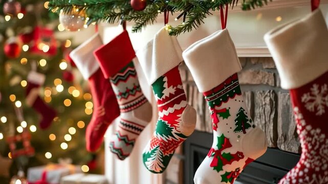 Christmas greeting card with bright winter holiday socks and New Year background