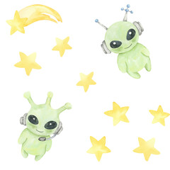 Green aliens with big eyes, yellow stars, and shooting stars in a watercolor illustration seamless pattern, perfect for childrens room art, fabric crafts, party favors, and wrapping paper.