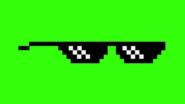 Looping pixel art animation of meme sunglasses, 8-bit boss glasses style. Funny gangster meme effect with green screen background for video edits and creative projects.