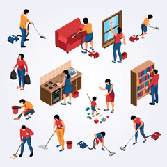 Fototapeta premium Isometric Illustration Housekeeping Service with People Cleaning Home and Doing Chores