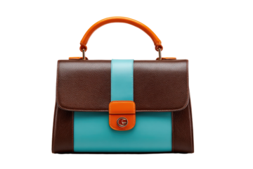 Brown and teal handbag with orange accents