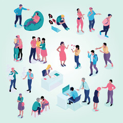 Isometric Illustration of People in Different Social Situations and Interactions