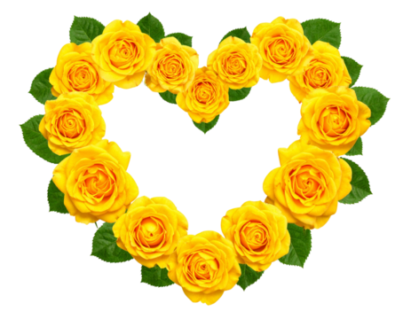 Minimal Yellow Rose Heart with Green Leaves Isolated on White - Powered by Adobe
