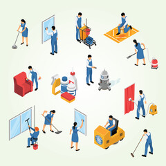 Isometric Professional Cleaning Service Team and Equipment Illustration Set