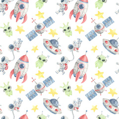 Watercolor illustration seamless pattern with rockets, green aliens, and satellites, great for wrapping paper, textile crafts, kids stationery, and creative wall art with a space theme.
