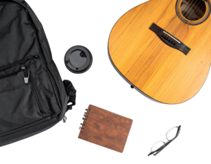 Minimal Acoustic Guitar with Travel and Lifestyle Props Isolated on White