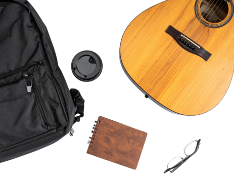 Minimal Acoustic Guitar with Travel and Lifestyle Props Isolated on White