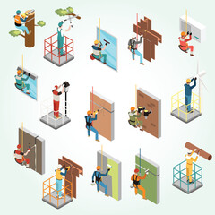 Fototapeta premium Isometric Diverse High Rise Building Maintenance Workers and Equipment Illustration