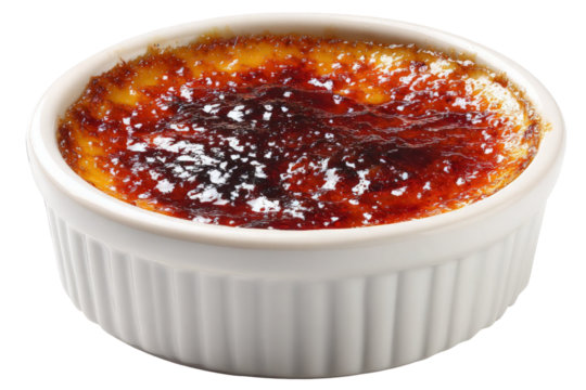 A beautifully caramelized cr?me br?l?e served in a white ramekin, showcasing a glossy top layer with a rich golden-brown color, perfect for dessert lovers and culinary enthusiasts