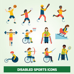 Flat Illustration Disabled Athlete in Various Sport Activities Icon Set