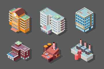Isometric city buildings and factories vector set