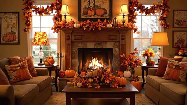 Warm autumn decorated fireplace zoom out with socks pumpkins and cozy fall ambiance