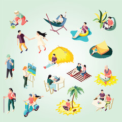 Isometric People Doing Different Activities Work and Leisure Lifestyle Illustration