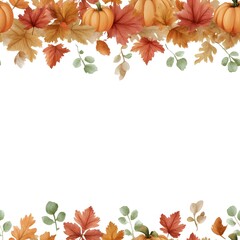 Autumnal watercolor border with leaves and pumpkins