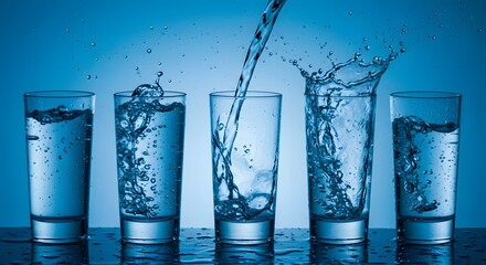 Water Pouring into Glasses A Refreshing Display of Hydration and Splashes