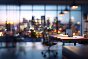 Obraz premium Blurred office workspace in the evening , interior workplace with cityscape for business presentation background, AI generated. High quality