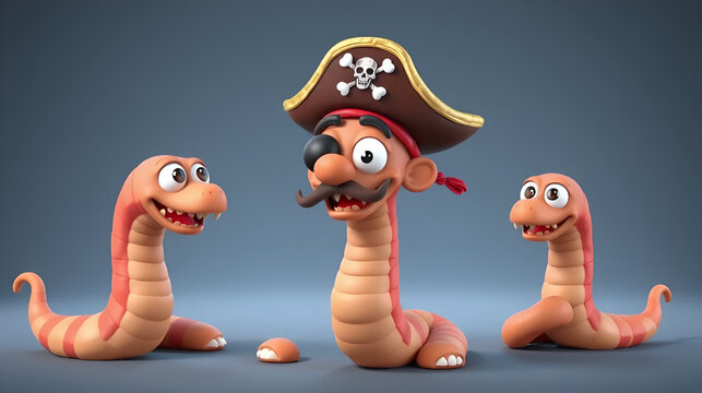 Cartoon Pirate worm different angles transparent background high quality details - 3d rendering