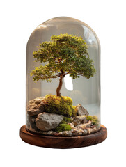Glass dome enclosing bonsai tree and rocks