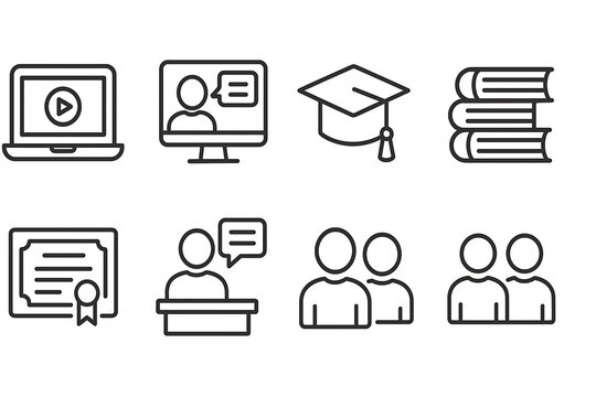 A vector collection of editable stroke icons representing e-learning concepts: laptop, online class, graduation cap, books, certificate, teacher, and students, all in clean linear style.