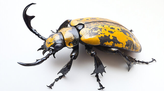 Detailed close-up of a vibrant yellow and black beetle showcasing its unique exoskeleton and