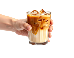 Hand holding a glass of iced coffee