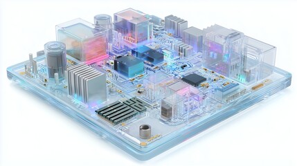 Obraz premium An isometric macro of a computer motherboard with various electronic components, circuits, and a central processor chip on a white background