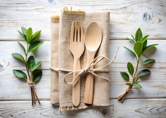3d icon of rustic wooden cutlery set with fork and spoon tied with twine on a burlap napkin, adorned with green leaves on a distressed white wood background