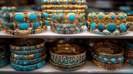 Fototapeta premium Stunning Turquoise and Gold Bracelets Collection