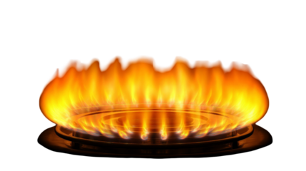 A vibrant flame dancing above a gas stove burner, illuminating the surrounding dark space, symbolizing warmth and cooking, perfect for culinary or home-related themes