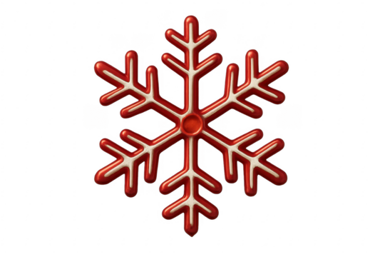 Red and white snowflake ornament on transparent background representing winter holidays