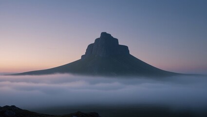 A solitary mountain peak, silhouetted against a serene, misty sunrise, commands the landscape.