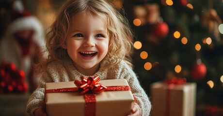 close-up of child's hands unwrapping present joyful smiling face with Christmas lights in background festive holiday atmosphere warm cozy home scene