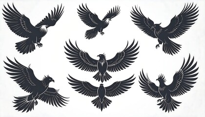 Fototapeta premium Collection of eight monochrome eagle illustrations
