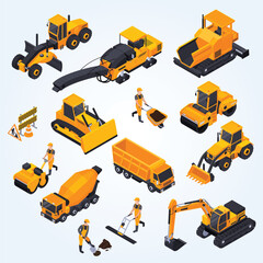 Isometric Style Detailed Construction Machine and Worker Illustration Set © enggartiasto