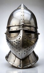 3d icon of a detailed closeup of a medieval knights full metal helmet, showcasing intricate craftsmanship, rivets, and protective features against a neutral background